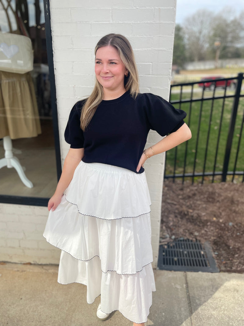 White ruffle skirt outfit hot sale