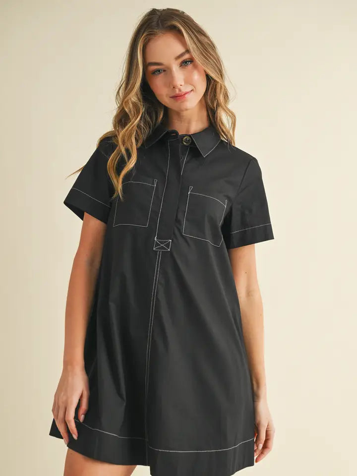Stitching Shirt Dress | Black