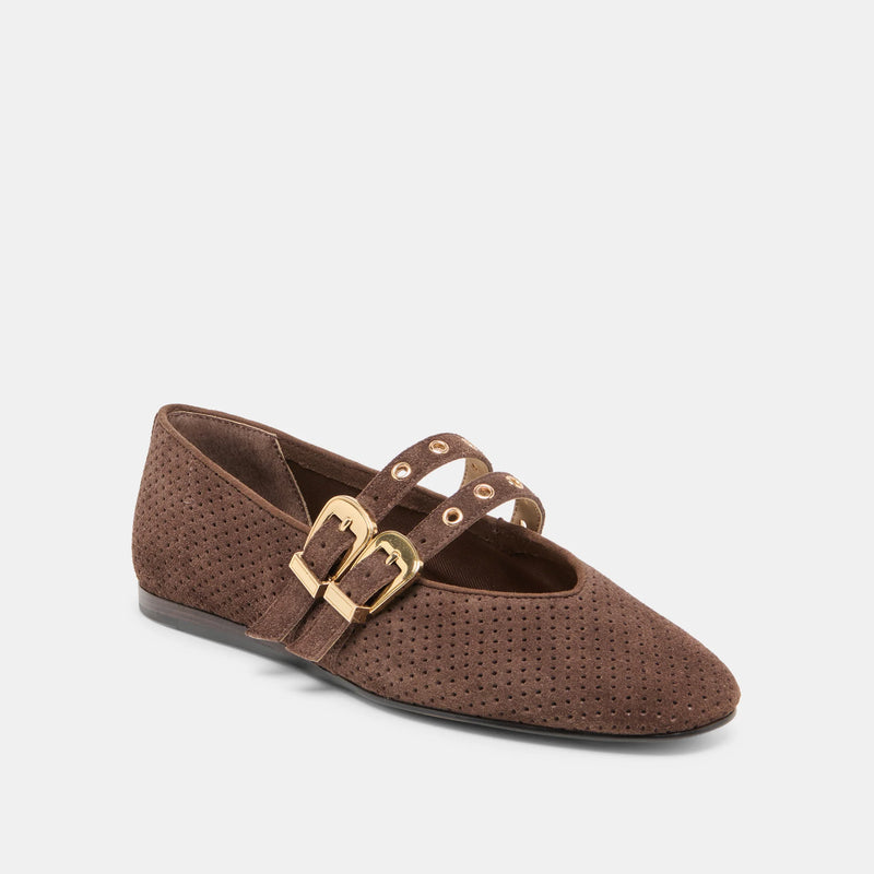 Baylee Grommet Ballet Flats | Dk Brown Perforated Suede