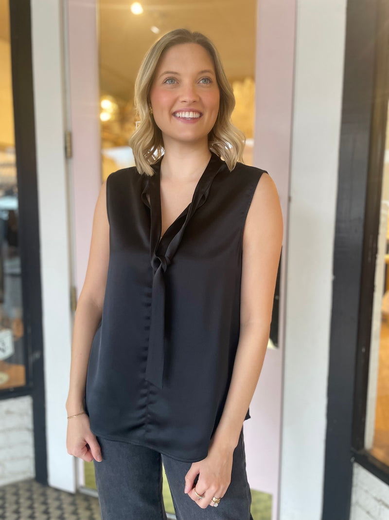 Tie Neck Satin Shell | Black
