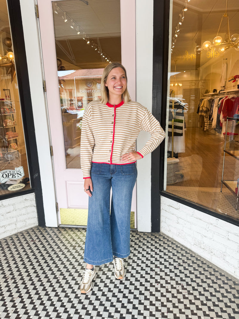 Striped Cardigan | Taupe + Red