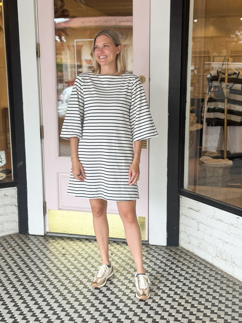 Striped Boat Neck Dress | Black + Ivory