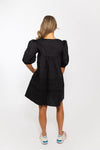 Poplin V-Neck Scallop Puff Dress | Black