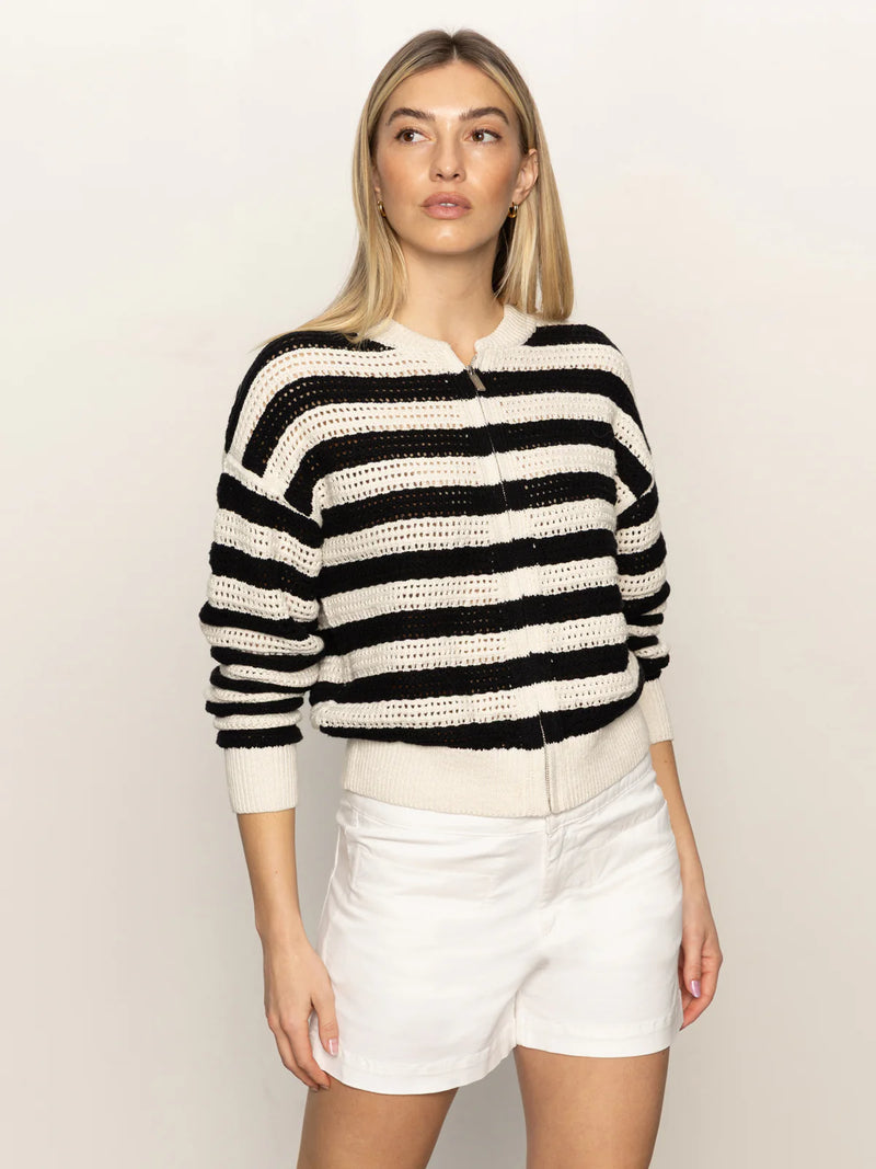 Open Knit Bomber Jacket | Macrame Black Stripe