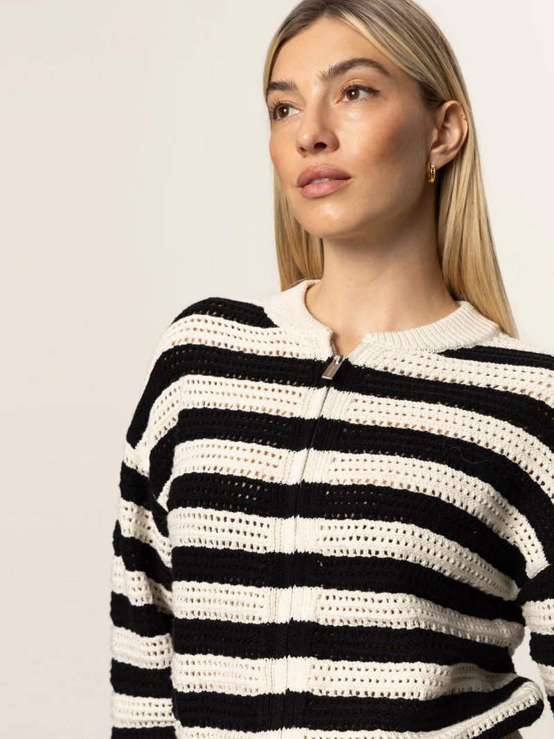 Open Knit Bomber Jacket | Macrame Black Stripe