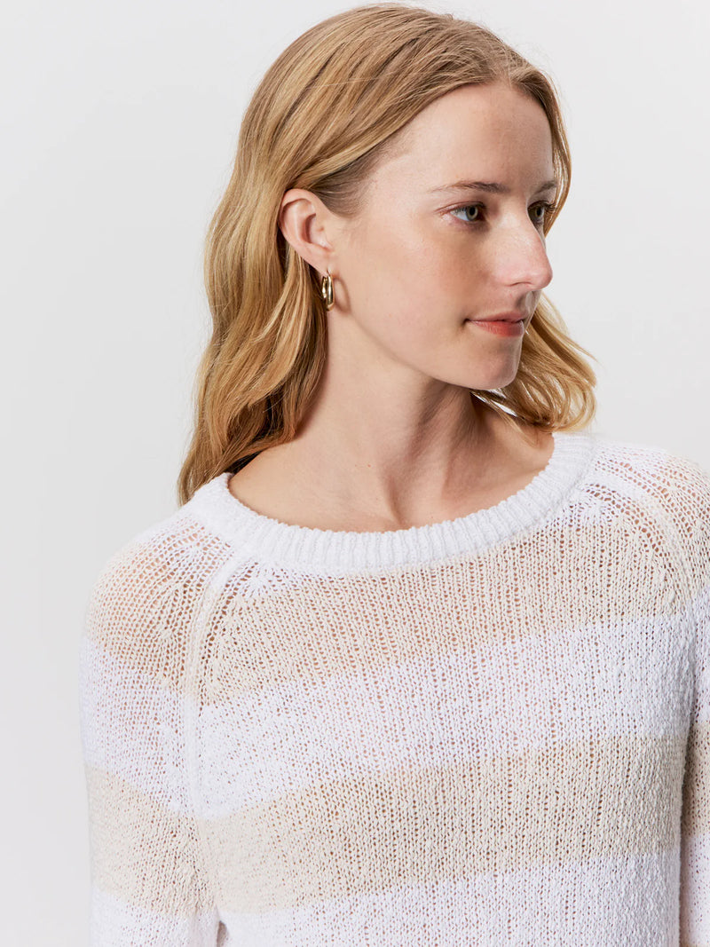 Textured Raglan Crew Sweater | White/Light Oat Stripe