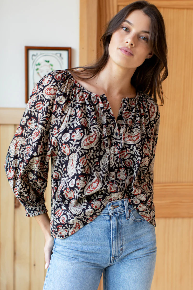 Lucy 2 Blouse | Paisley Black + Clay Satin
