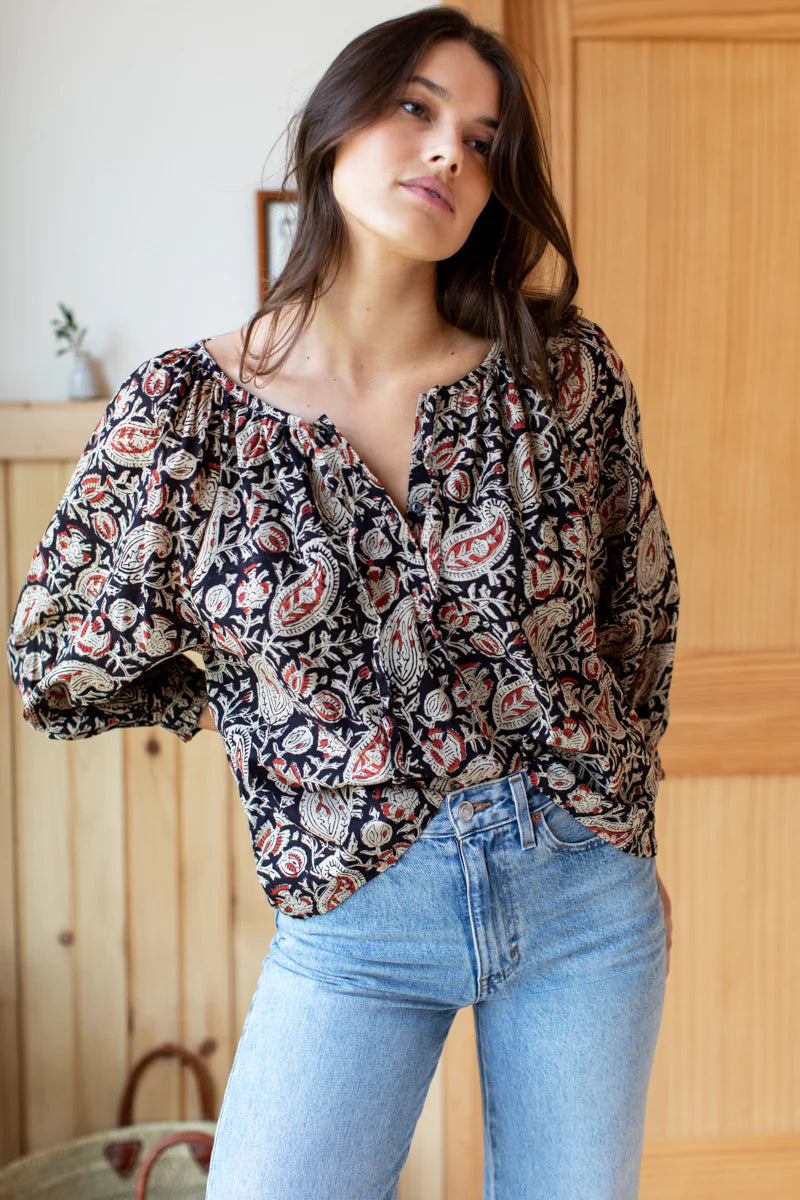 Lucy 2 Blouse | Paisley Black + Clay Satin