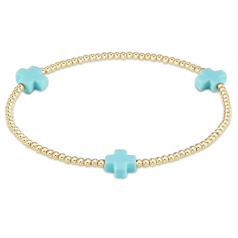 signature cross gold pattern 2mm bead bracelet - turquoise