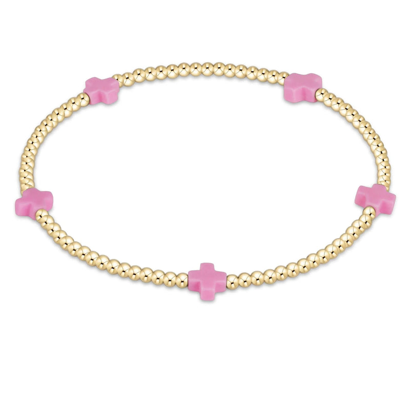 bright pink - 2mm signature small cross gold pattern bead bracelet