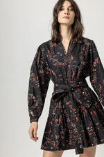 Long Sleeve Split Neck Peplum Dress | Black Floral