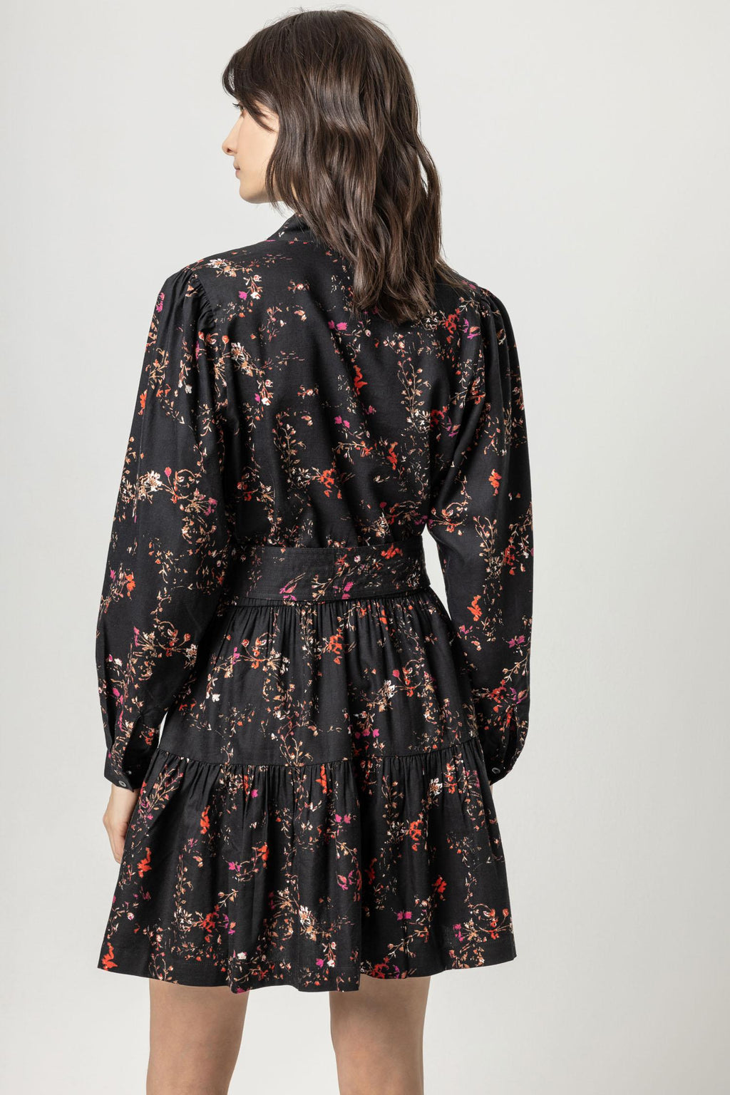 Long Sleeve Split Neck Peplum Dress | Black Floral