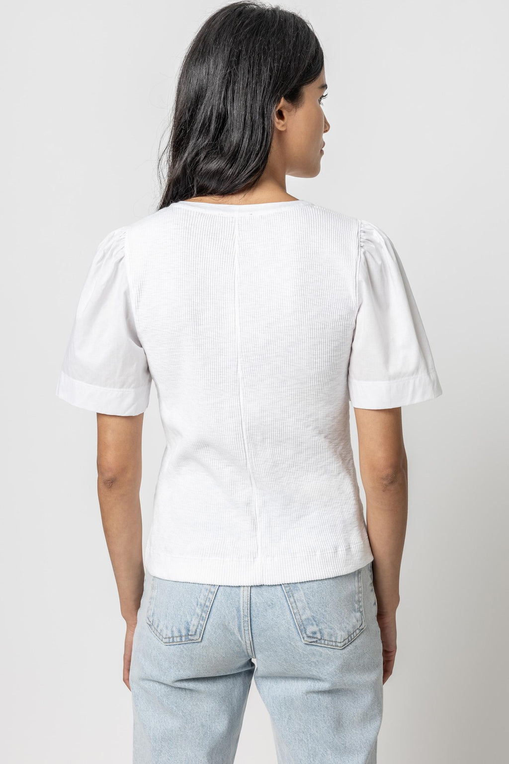 Woven Sleeve Split Neck Top | White