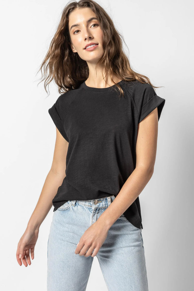 Boxy Cuffed Sleeve Crewneck | Black