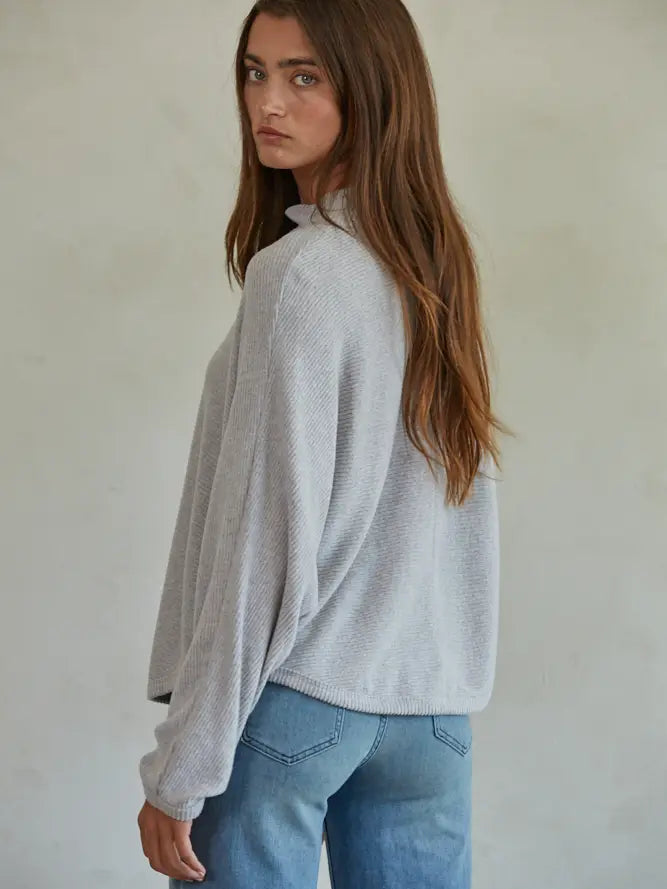 Knit Ribbed Mock Neck Long Sleeve Pullover | Misty Grey