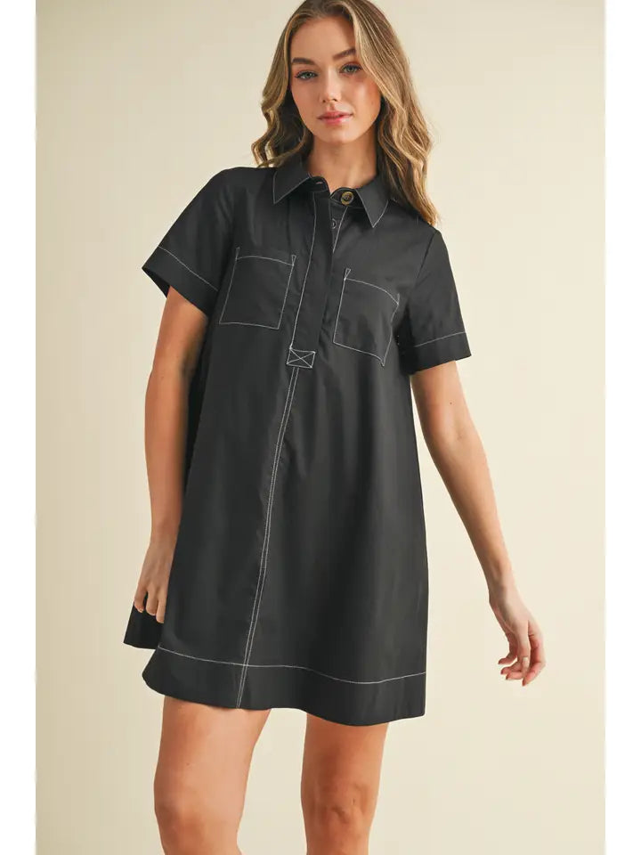 Stitching Shirt Dress | Black