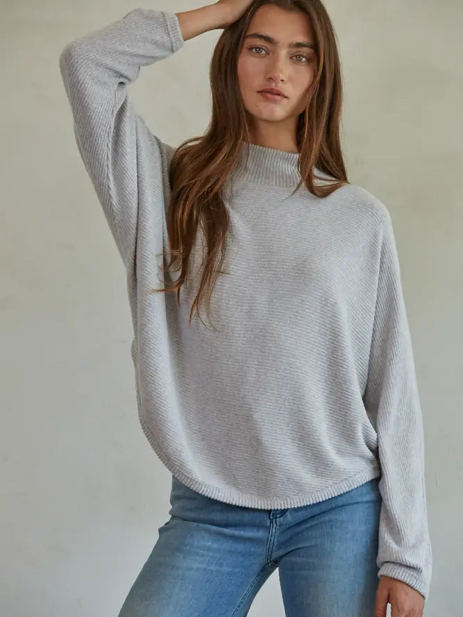 Knit Ribbed Mock Neck Long Sleeve Pullover | Misty Grey