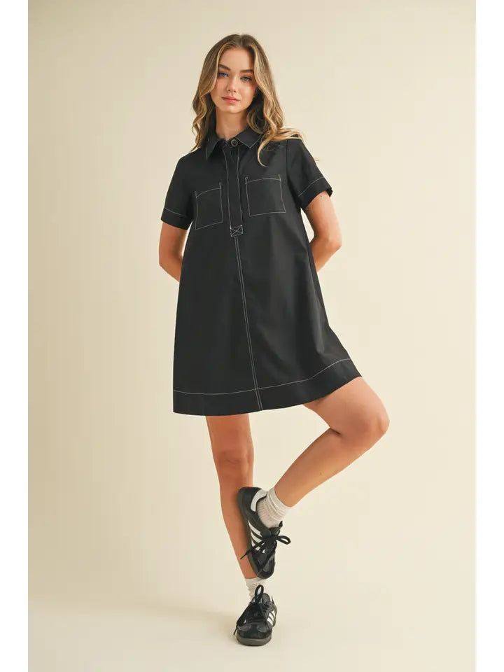 Stitching Shirt Dress | Black