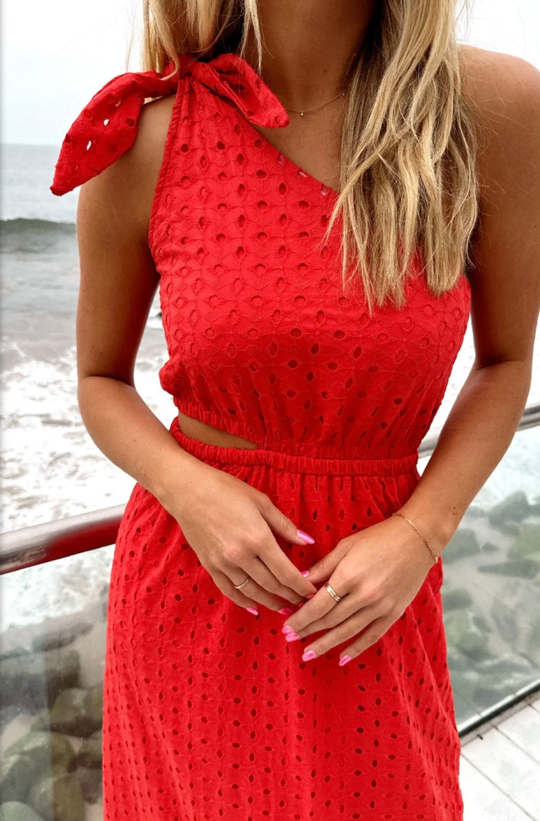 Take Me Out Maxi Dress | Red Eyelet