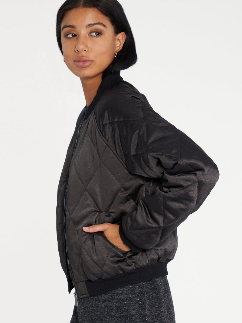 Quilted Satin Bomber | Black