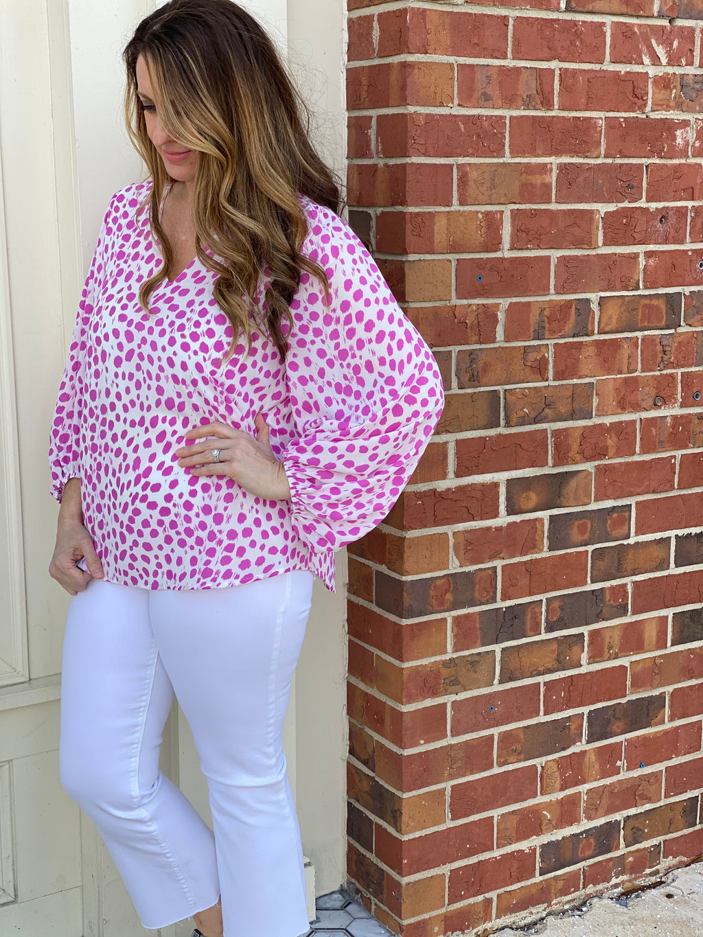 Leopard V Neck Bubble Sleeve Top | Ivory