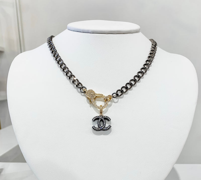 Pave Clasp Chain Necklace + Small CC