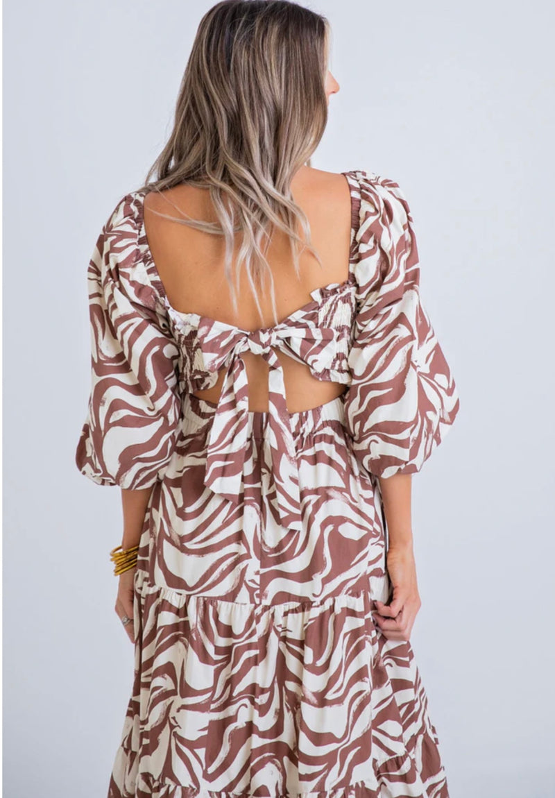 Zebra Poplin Puff Sleeve Maxi Dress