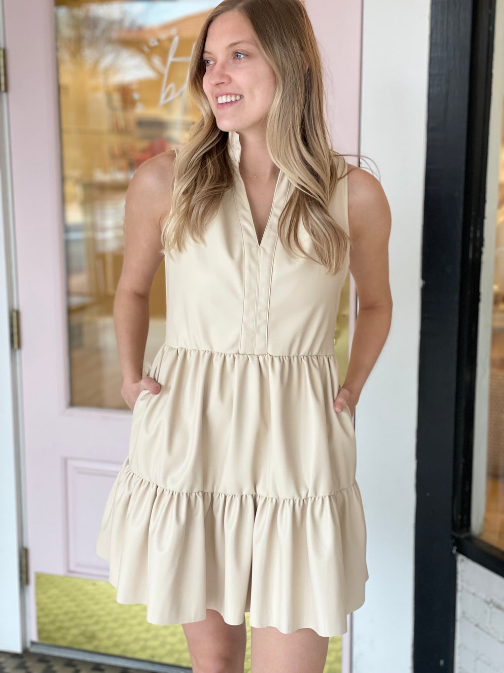 Vegan Leather Tiered Dress | Ivory