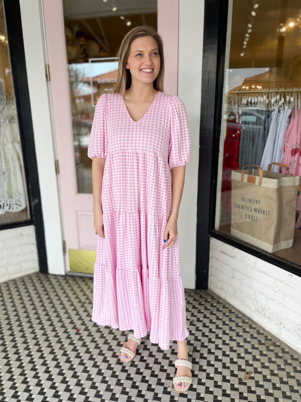 Checkered Jacquard Puff Sleeve Tiered Dress – belletique