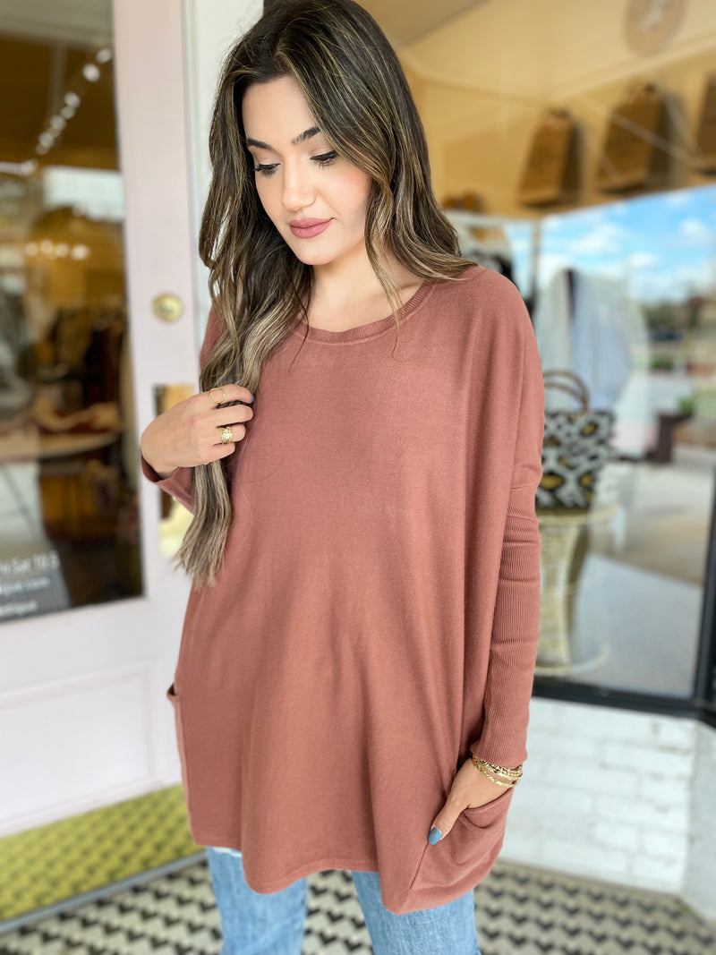 Copper Brown Oversized Pocket Sweater