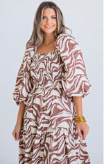 Zebra Poplin Puff Sleeve Maxi Dress