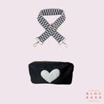 Black Heart Crossbody Bag with Black + White Strap